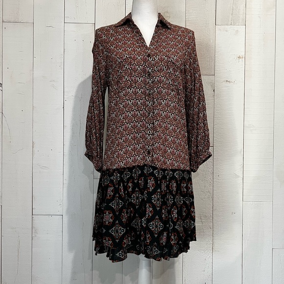 BOHO Mixed Print Rayon Long Sleeve Mini Shirtdress - Picture 2 of 16